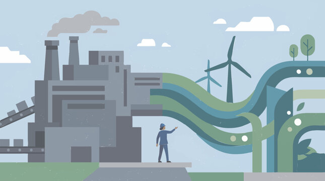 Transition from industrial emission to green renewable energy and net zero carbon footprint sustainable power vector illustration