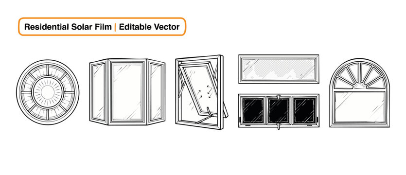 Residential window types vector icons pack for solar film installation templates showing architecture glass pane frames set in linear style for home renovation and tinting layout showcase decoration.