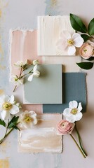 Obraz premium Elegant wedding color palettes displayed as painted swatches and fabric samples in blush, ivory, sage, dusty blue, and champagne.