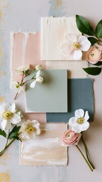 Elegant wedding color palettes displayed as painted swatches and fabric samples in blush, ivory, sage, dusty blue, and champagne.