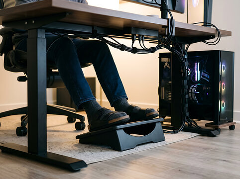 A person's legs and feet are shown resting on a footrest under a standing desk, with a computer tower visible to the right.