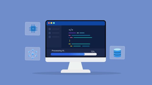 Animated flat vector illustration of a desktop monitor displaying software code with artificial intelligence, data processing, and database icons. Modern AI analytics, automation, and smart technology