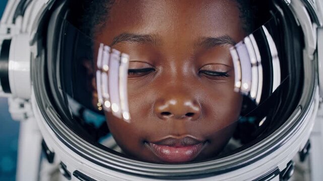 Young astronaut dreams of space exploration. Child in space helmet envisions future adventures among stars. Joyful atmosphere inspires creativity and imagination.
