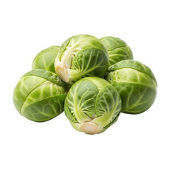 Fototapeta premium Brussels sprouts heads or buds, isolated on transparent background png. Farming, growing and cultivation of vegetables. Process of getting food. Healthy ingredients, plant-based diet