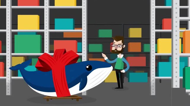 2D Animation of Warehouse Logistics Manager Receiving a Giant Whale Gift Package, Whimsical Commercial Shipping Delivery Concept
