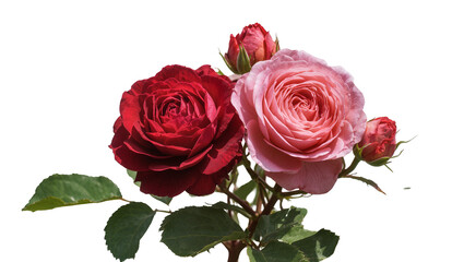 Fototapeta premium Isolated vibrant red and pink roses, with lush green leaves and blooming buds on a stem.