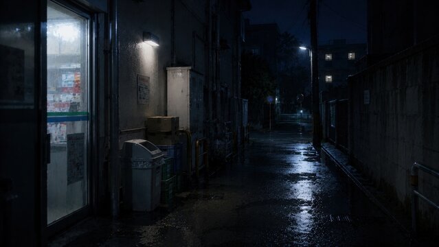 雨に濡れた夜の路地裏の風景