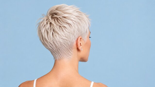 Back view of a very short textured pixie cut dyed in an icy platinum blonde shade