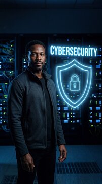 Confident middle-aged African American man standing in server room with glowing cybersecurity shield and lock icon
