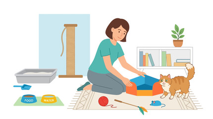 Fototapeta premium A caring woman demonstrates responsible pet ownership by setting up a cozy new home for her feline companion