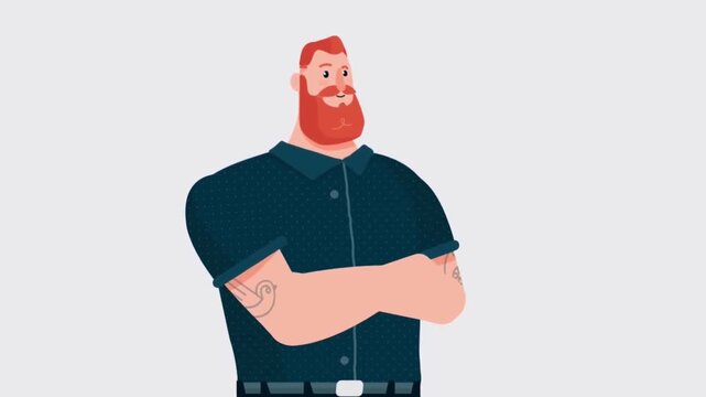 Animated Strong Masculine Muscular Bearded Man Standing Confident with Folded Arms, Fitness Trainer or Craftsman Character Concept