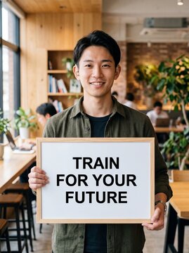 Young Asian man smiling and holding a sign saying Train For Your Future in a coworking space