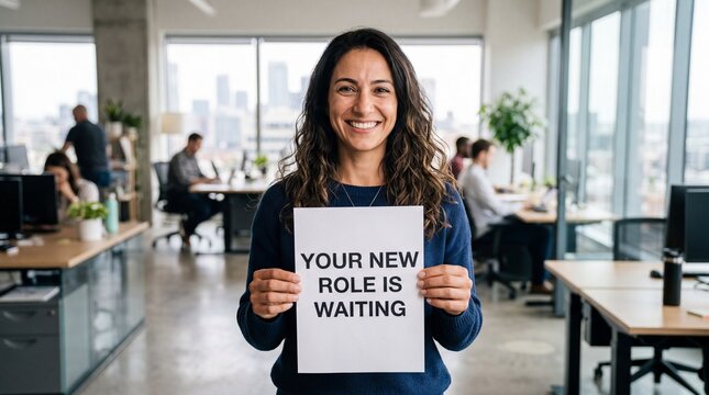 Smiling middle-aged Middle Eastern woman holds a sign saying Your New Role Is Waiting in a busy office