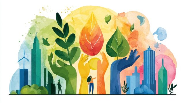 Corporate social responsibility illustration flat design front view sustainability theme water color vivid.