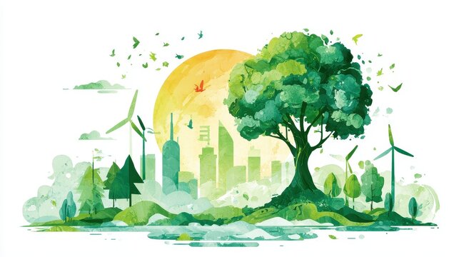 Corporate social responsibility illustration flat design front view sustainability theme water color vivid.