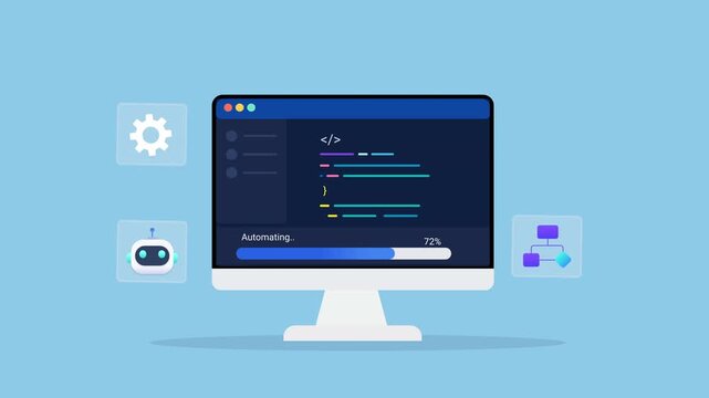 Animated flat vector illustration of a desktop monitor displaying software code with artificial intelligence, automation, and workflow icons. Modern AI automation, smart systems, and technology develo