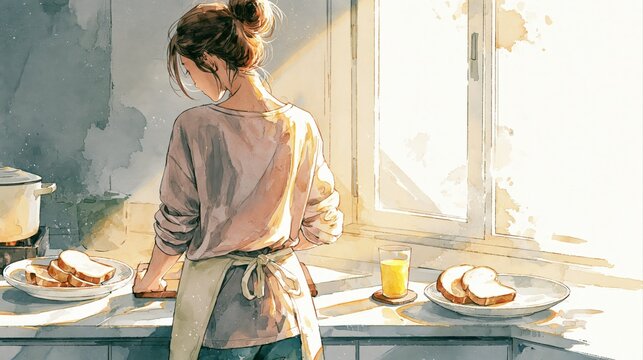 キッチンで朝食を用意する女性