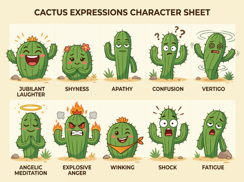Cactus character expression sheet showing diverse emotions for animation or app design.