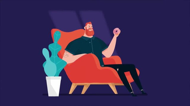 Animated Relaxed Bearded Man Sitting on Armchair at Home, Cozy Living Room Interior Leisure and Wellbeing Lifestyle Concept