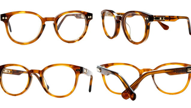 Isolated multiple studio shots of classic brown tortoiseshell eyeglasses with round frames