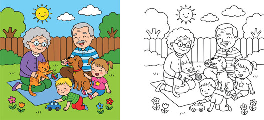 Fototapeta premium Coloring Page for Kids with Happy Family Having a Picnic in the Garden, Grandparents and Grandchildren Playing with Pets, Outline and Colored Version Vector