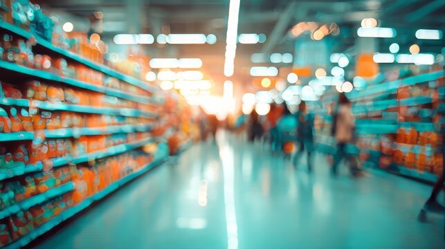 Busy Grocery Store Aisle with Shoppers and Packed Shelves with Blurred Motion Bright Overhead Lighting, shopping in the supermarket, shopping in the mall, people in supermarket