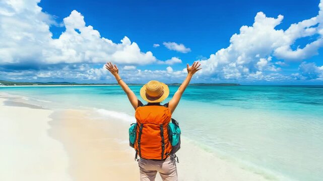Traveler with orange backpack raising arms on beautiful tropical beach. Concept of freedom and joy during solo travel adventure