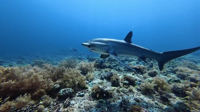 Pelagic Thresher Shark Swimming Above Coral Reef
