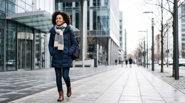 Jovem Mulher caminhando em avenida urbana moderna durante manh&atilde; fria de inverno, vestindo casaco acolchoado e cachecol, atmosfera leve e comercial contempor&acirc;nea