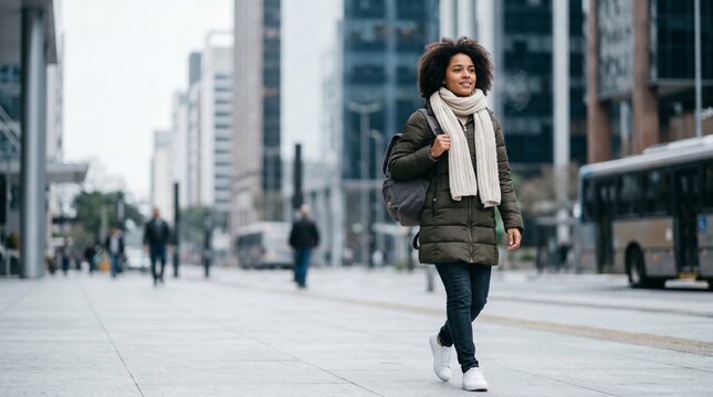 Jovem Mulher caminhando em avenida urbana moderna durante manh&atilde; fria de inverno, vestindo casaco acolchoado e cachecol, atmosfera leve e comercial contempor&acirc;nea