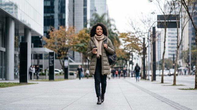 Jovem Mulher caminhando em avenida urbana moderna durante manh&atilde; fria de inverno, vestindo casaco acolchoado e cachecol, atmosfera leve e comercial contempor&acirc;nea