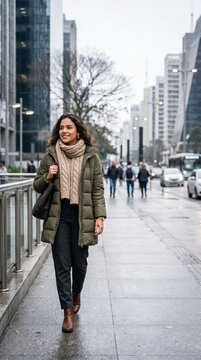 Jovem Mulher caminhando em avenida urbana moderna durante manh&atilde; fria de inverno, vestindo casaco acolchoado e cachecol, atmosfera leve e comercial contempor&acirc;nea