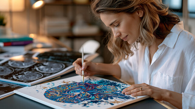 Neuroscience illustrator at a broad studio desk under warm indoor lighting paints a detailed acrylic diagram of consciousness neural correlates brain regions, reference anatomy textbooks and printed