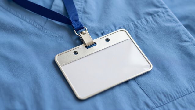 Close-up view of a blank white ID badge mockup on a blue medical scrub uniform. This professional healthcare staff identification tag includes a lanyard and space for a name or photo