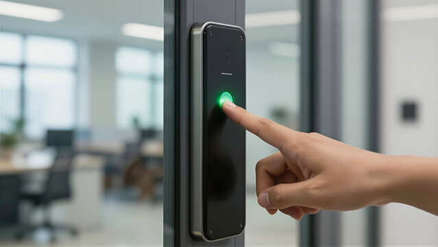 Close-up of a human finger scanning a biometric fingerprint reader on a modern glass office door. This system provides advanced security and access control for contemporary workplaces