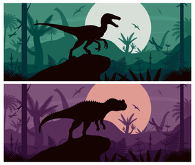 Two prehistoric jungle scenes with velociraptor and ceratosaurus dinosaurs silhouettes on rocky cliffs under large moons. Vector illustration with tropical plants, sauropods, pterosaurs © Oleg and Polly