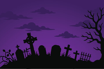 Naklejka premium Spooky Halloween Graveyard Silhouette Background with Dead Tree