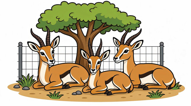 Three brown antelopes with horns resting.