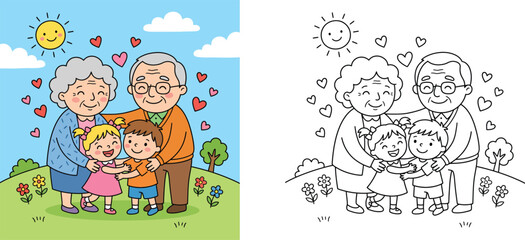 Grandparents and grandchildren hugging coloring page and colored illustration, happy family vector template, coloring book sheet for children.