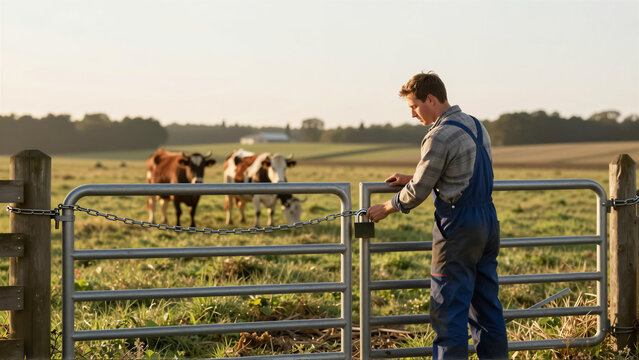 A young farmer in blue overalls locks a metal gate with a chain and padlock at sunset. Two cows graze in a lush pasture. Concept of secure farm management and agriculture