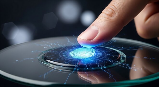 Close-up of a person's finger touching a glowing digital interface with holographic elements