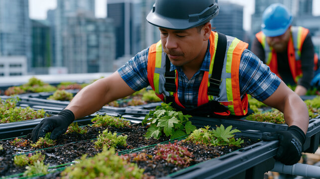 rooftop garden installation crew fits modular tray systems carrying heat-absorbing vegetation across a flat commercial rooftop, urban skyline stretching behind the candid unposed moment as green inf