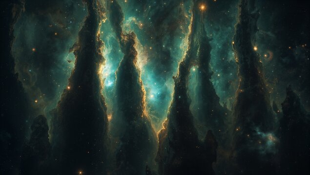 Stunning view of the pillars of creation within a vibrant and mysterious galaxy nebula