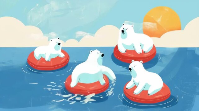 Polar bears floating on inner tubes
