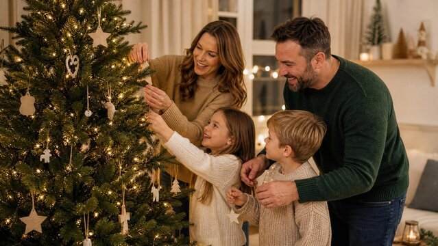 Happy family decorating a Christmas tree together at home during the holiday season. Parents and two children hanging ornaments on a beautifully lit evergreen tree