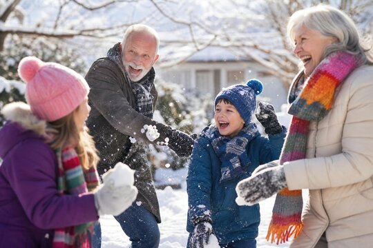 Happy grandparents and grandchildren playing with snowballs outdoors on a sunny winter day. Family laughing and having fun during the holiday season