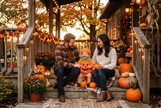 Happy young family with adorable toddler in pumpkin costume sitting on a decorated front porch during Halloween celebration