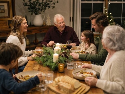 Multi-generational family enjoying a festive holiday dinner together at home. Cozy atmosphere, family bonding and togetherness during the winter season