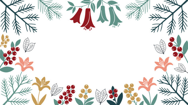 Folk art botanical floral frame with winter and autumn leaves pine branches and berries decorative rectangular border