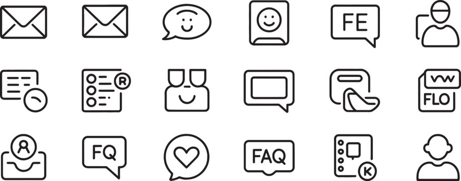 Chat and Help Center Icons Set with Envelope Message Bubbles, Faq, Fq, File, and Support Symbols in Line Style